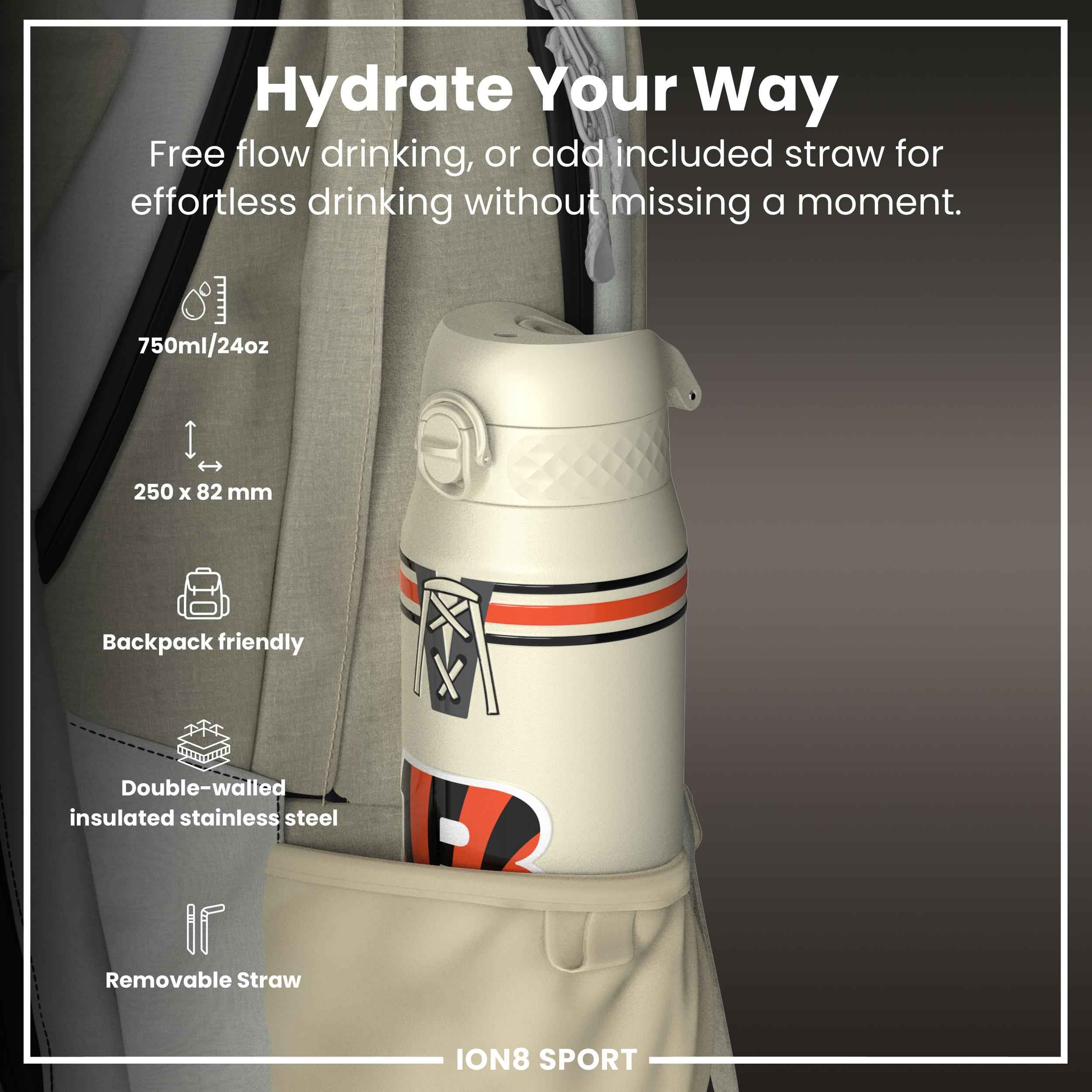 NFL x ION8 Insulated Steel Water Bottle, NFL Bengals, 750ml (24oz)