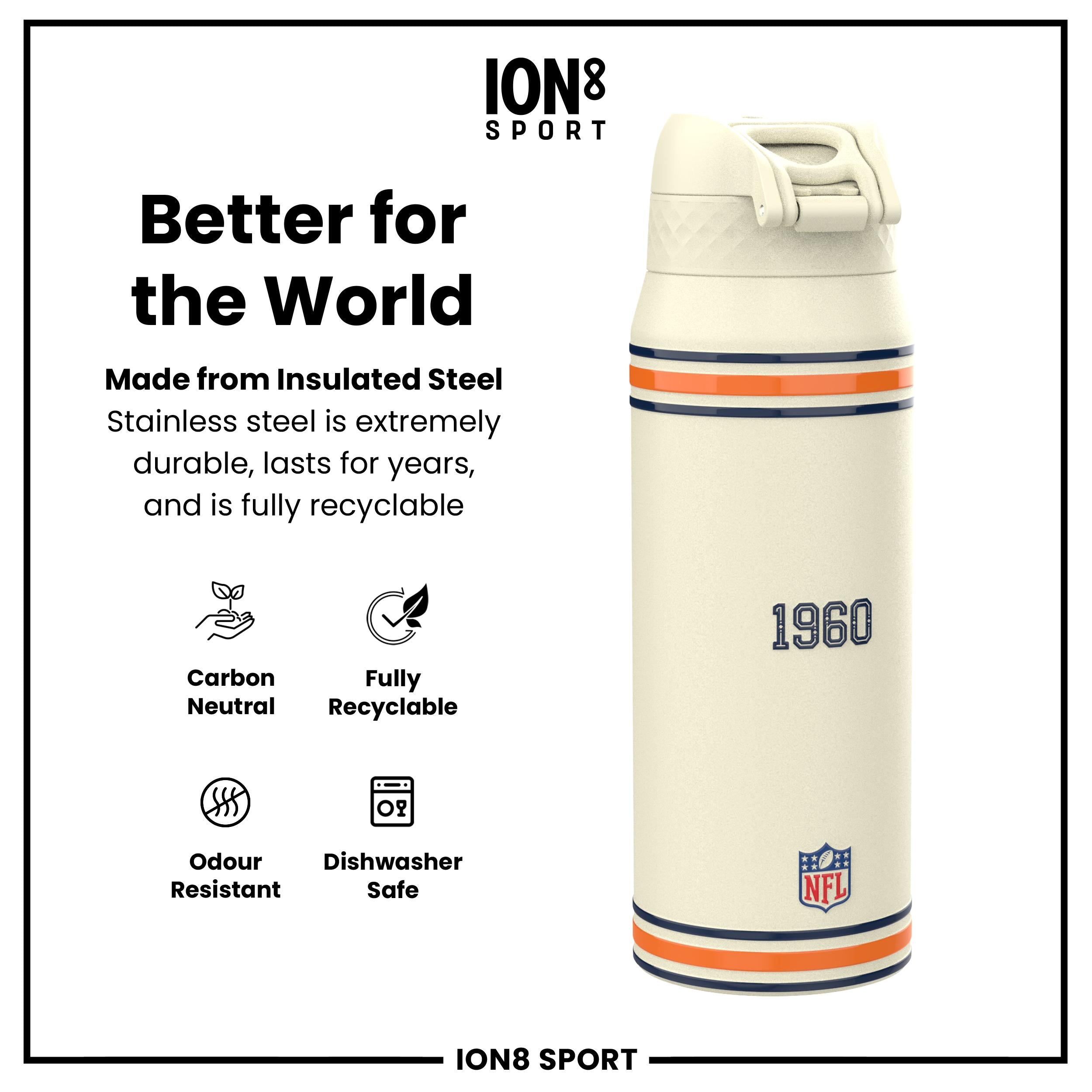 NFL x ION8 Insulated Steel Water Bottle, NFL Broncos, 750ml (24oz)