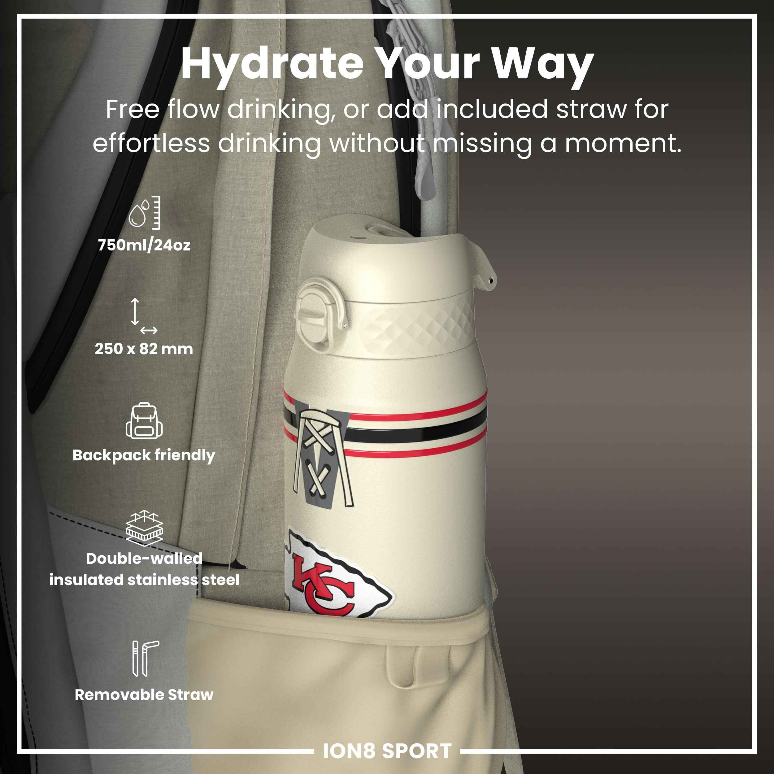 NFL x ION8 Insulated Steel Water Bottle, NFL Chiefs, 750ml (24oz)