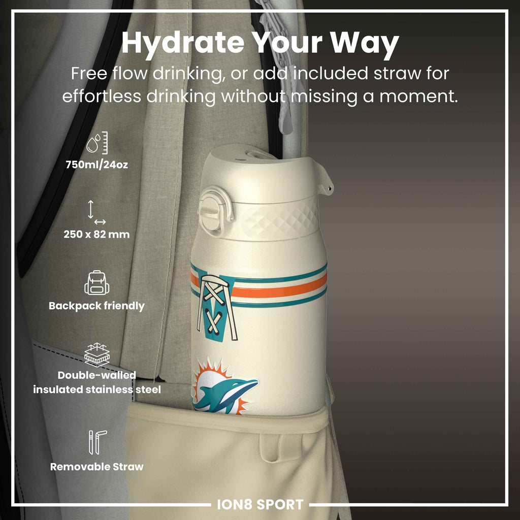 NFL x ION8 Insulated Steel Water Bottle, NFL Dolphins, 750ml (24oz)