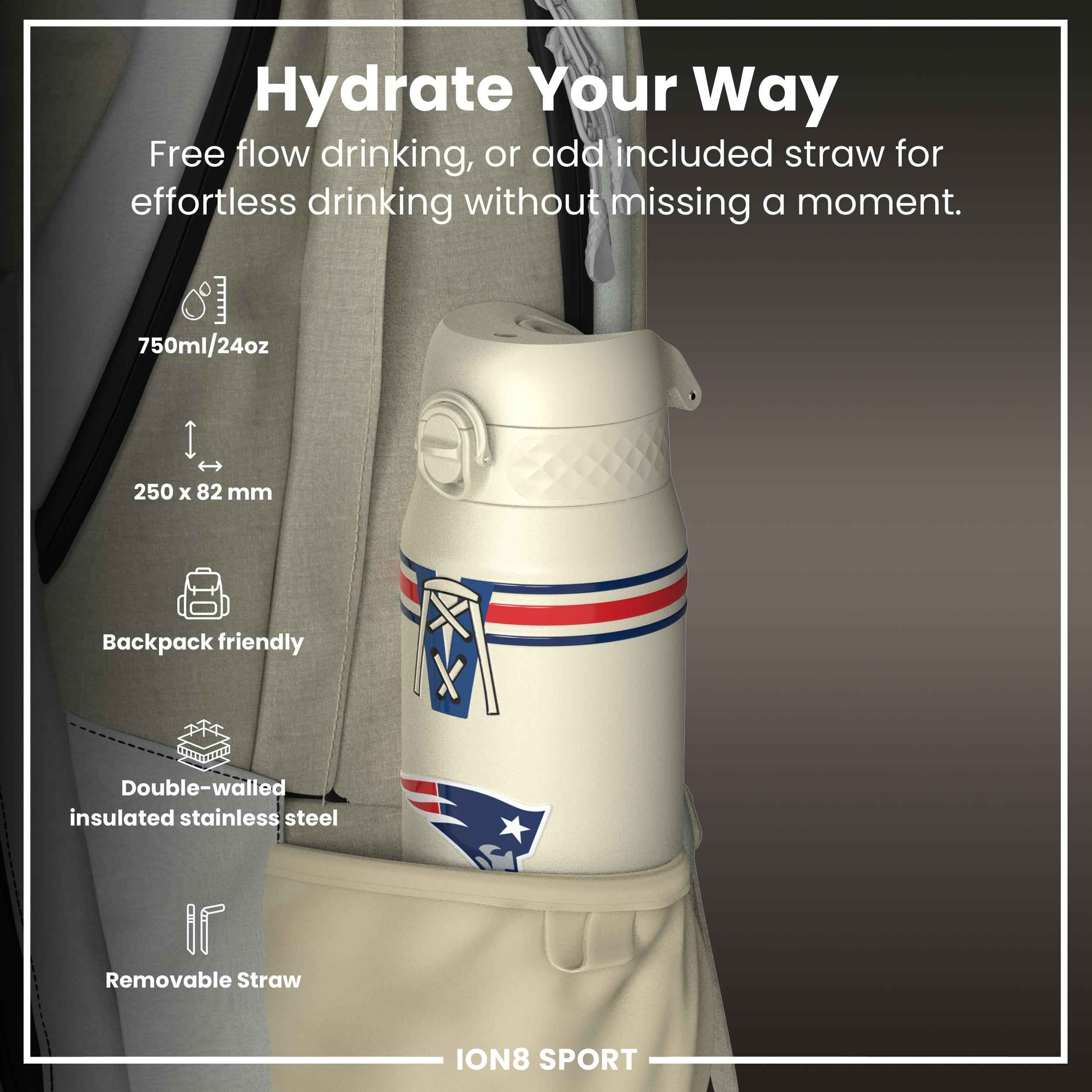 NFL x ION8 Insulated Steel Water Bottle, NFL Patriots, 750ml (24oz)