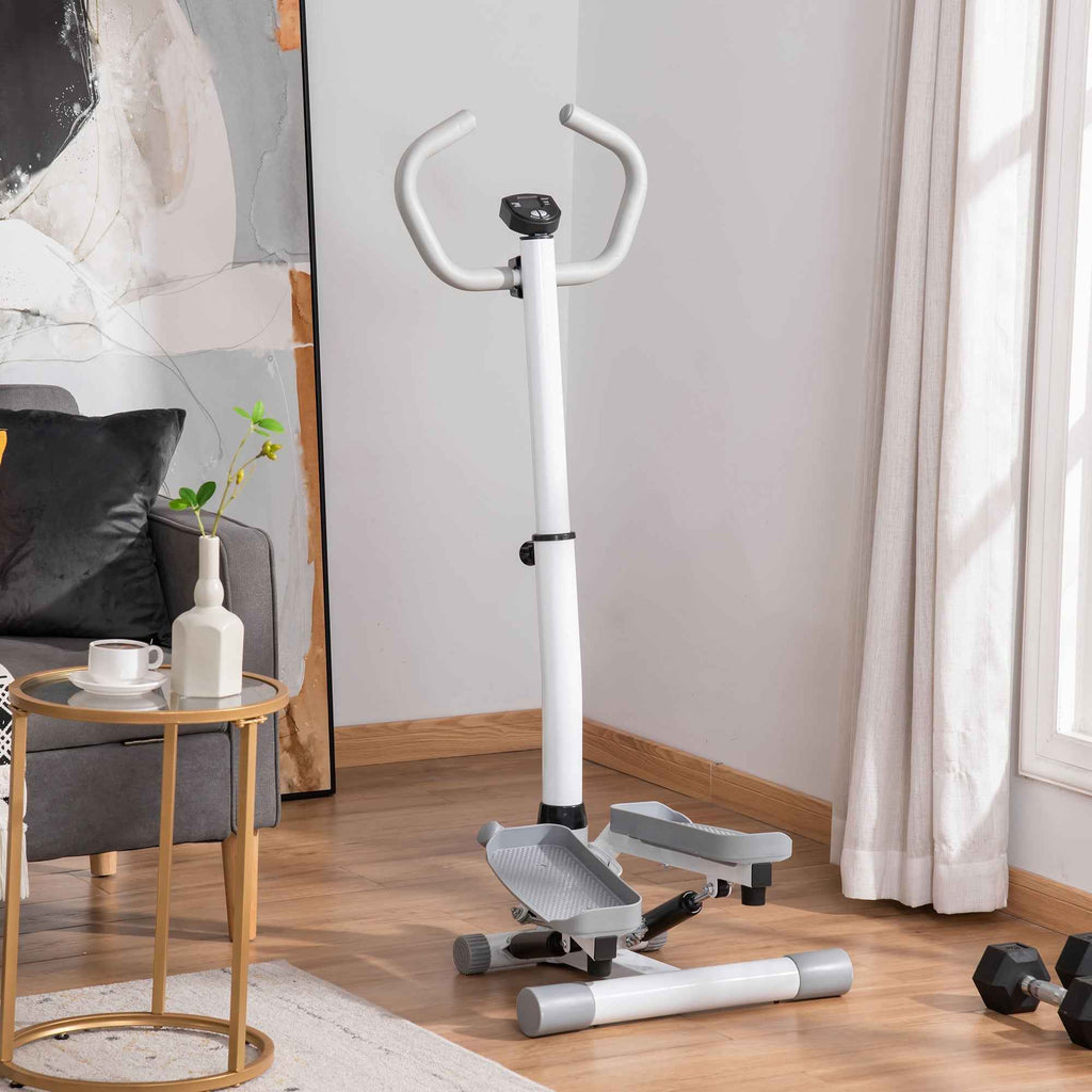 Adjustable Twist Stepper Aerobic Ab Exercise Fitness Workout Machine W/ LCD Screen, Height Adjust Handlebars For Home Gym, White And Grey