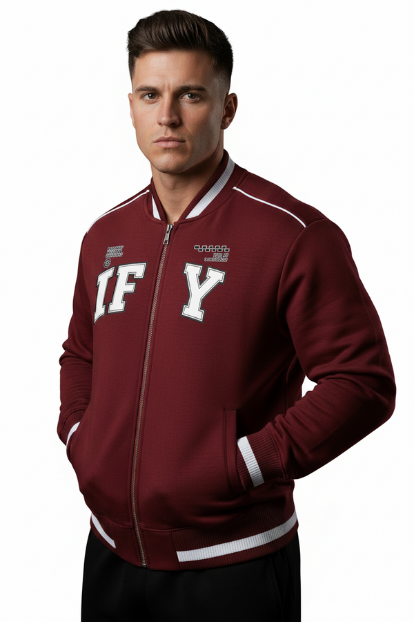 A maroon varsity-style jacket with white trim, featuring 'IF' and 'Y' lettering on the chest, displayed on a solid white background.