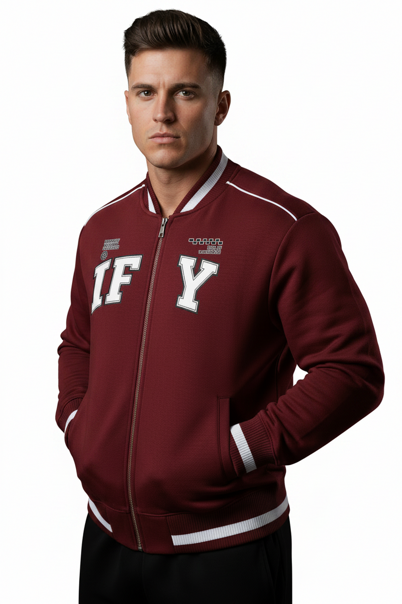 A maroon varsity-style jacket with white trim, featuring 'IF' and 'Y' lettering on the chest, displayed on a solid white background.