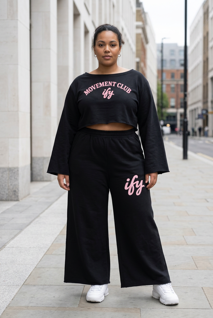 Black outfit, front view on a plus-size model outdoors