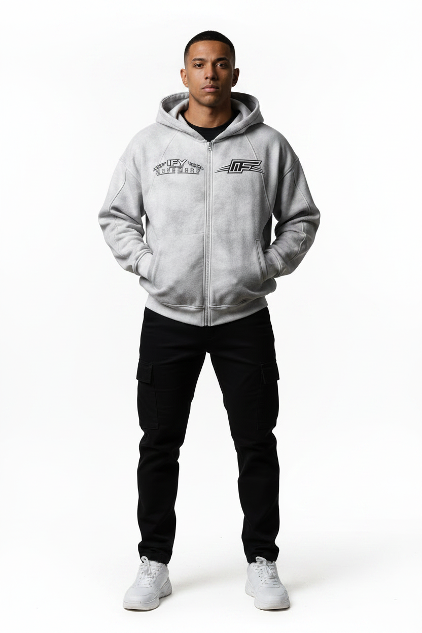 Gray tie-dye hoodie with 'Street Fit' logo on a white background