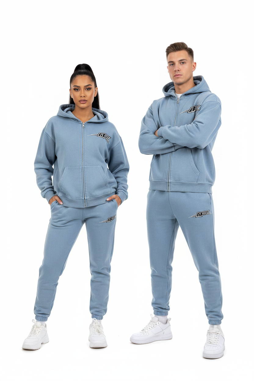 A light blue cropped zip-up hoodie with a front kangaroo pocket and a stylized 'MFF' logo printed on the left chest, displayed on a solid white background.