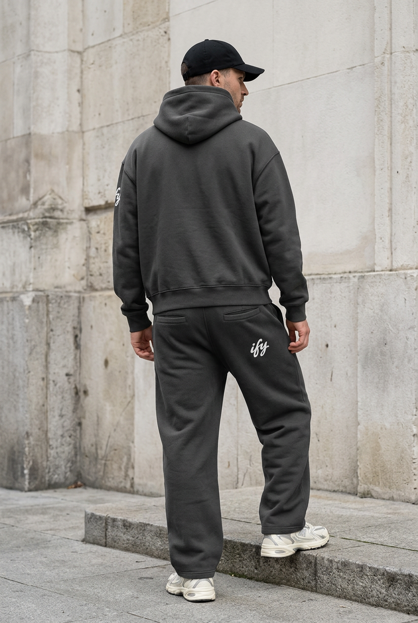 Charcoal outfit, male back view