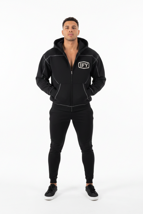 Contrast-Stitched Boxy Fleece Zip Hoodie