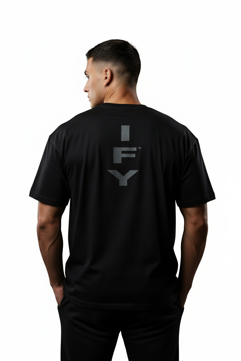 A black short-sleeve t-shirt with a vertical gray graphic on the chest spelling out 'IFY' in stacked letters, displayed flat against a solid white background.