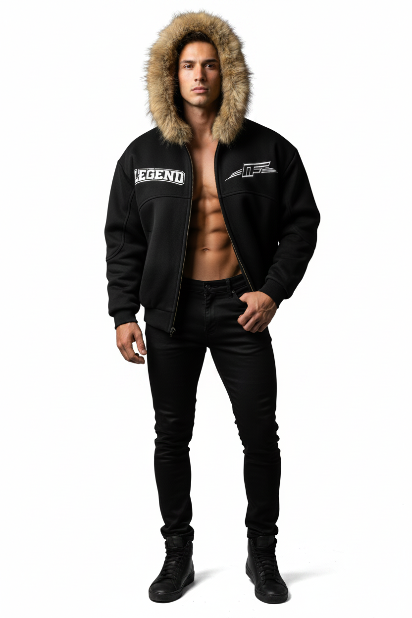 Black jacket with fur-lined hood and logo on a white background