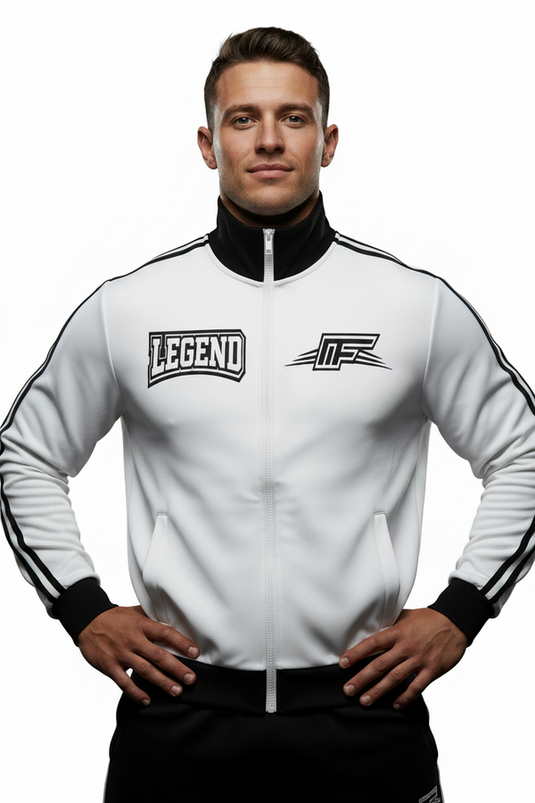 A white zip-up track jacket with black ribbed collar, cuffs, and hem, featuring black shoulder stripes and a black 'LEGEND' patch on the left chest alongside a stylized 'MF' logo on the right chest.