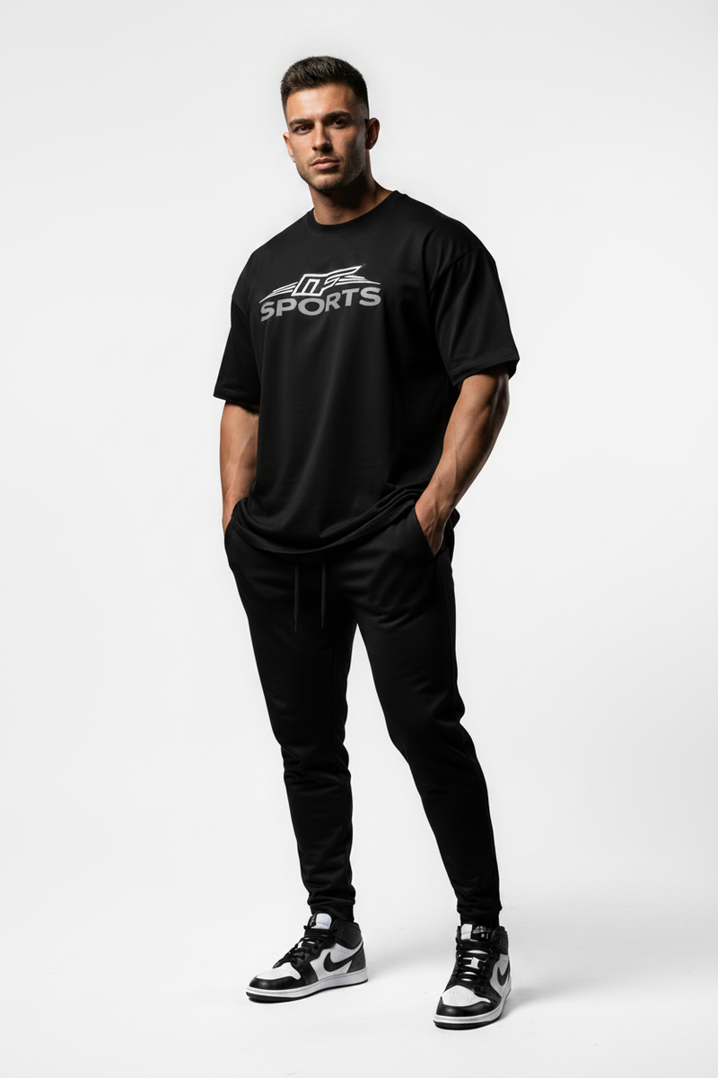 A black short-sleeve crewneck t-shirt with a gray 'MF SPORTS' logo printed across the chest, displayed on a solid white background.