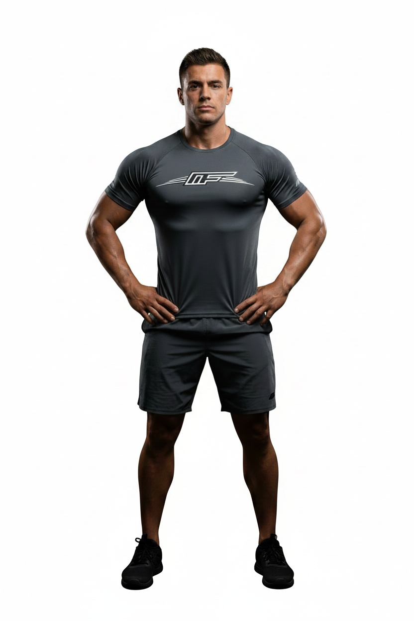 A dark gray short-sleeve t-shirt with a white stylized 'MF' logo printed on the chest, displayed flat against a solid white background.