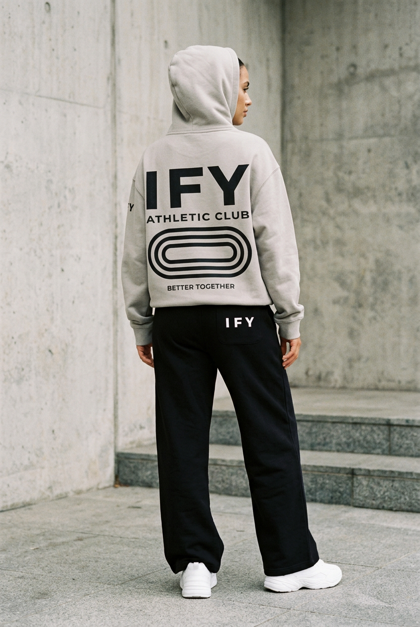 Female model in stone grey IFY hoodie and black sweatpants, back view