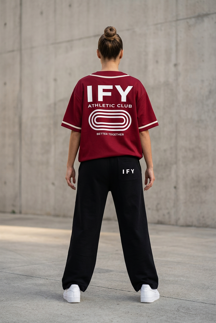Female model wearing red IFY jersey and black sweatpants, back view