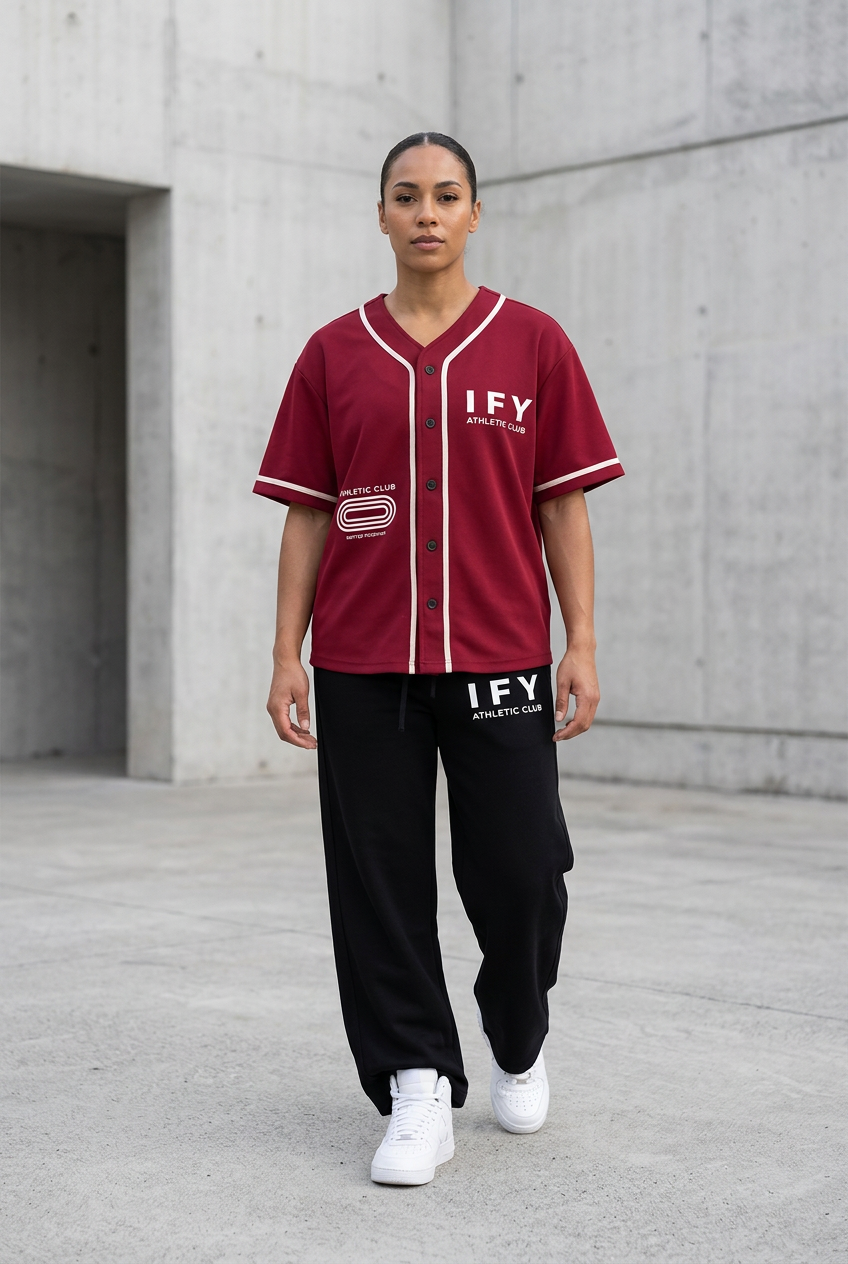 Female model wearing red IFY jersey and black sweatpants, front view