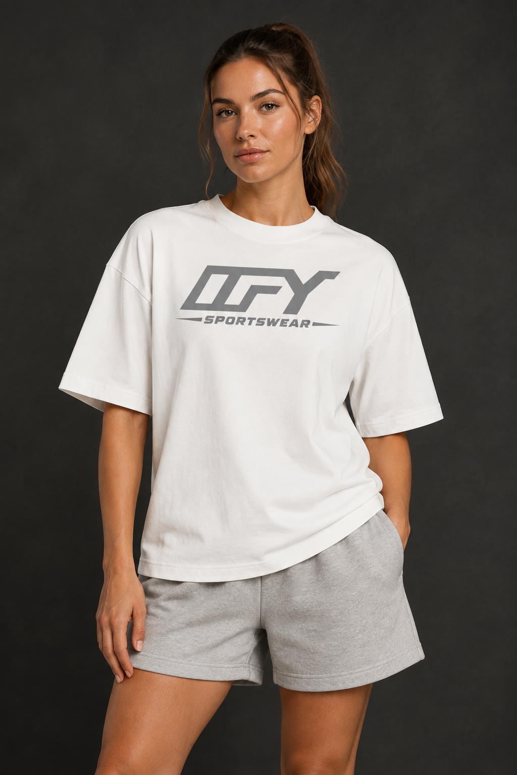 Female model wearing the Drop Shoulder Cotton T-Shirt, shot 2