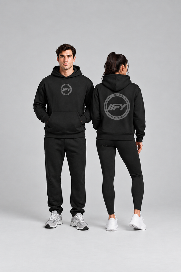 Full-height portrait of two models wearing black IFY hoodies