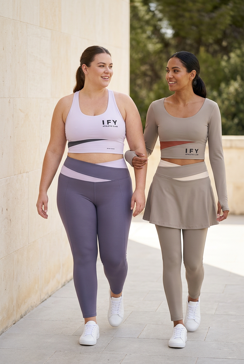 IFY Sports outdoor lifestyle image featuring a plus-size model in lilac and a second model in taupe