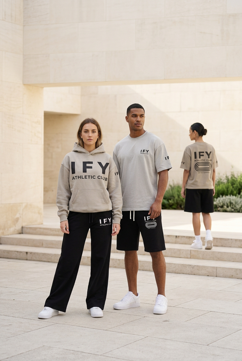 IFY Sports outdoor mobile hero with models in a premium stone courtyard