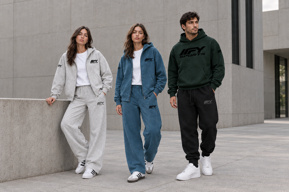 IFY Sports premium streetwear campaign featuring the grey, blue and dark-green outfits in confident outdoor poses