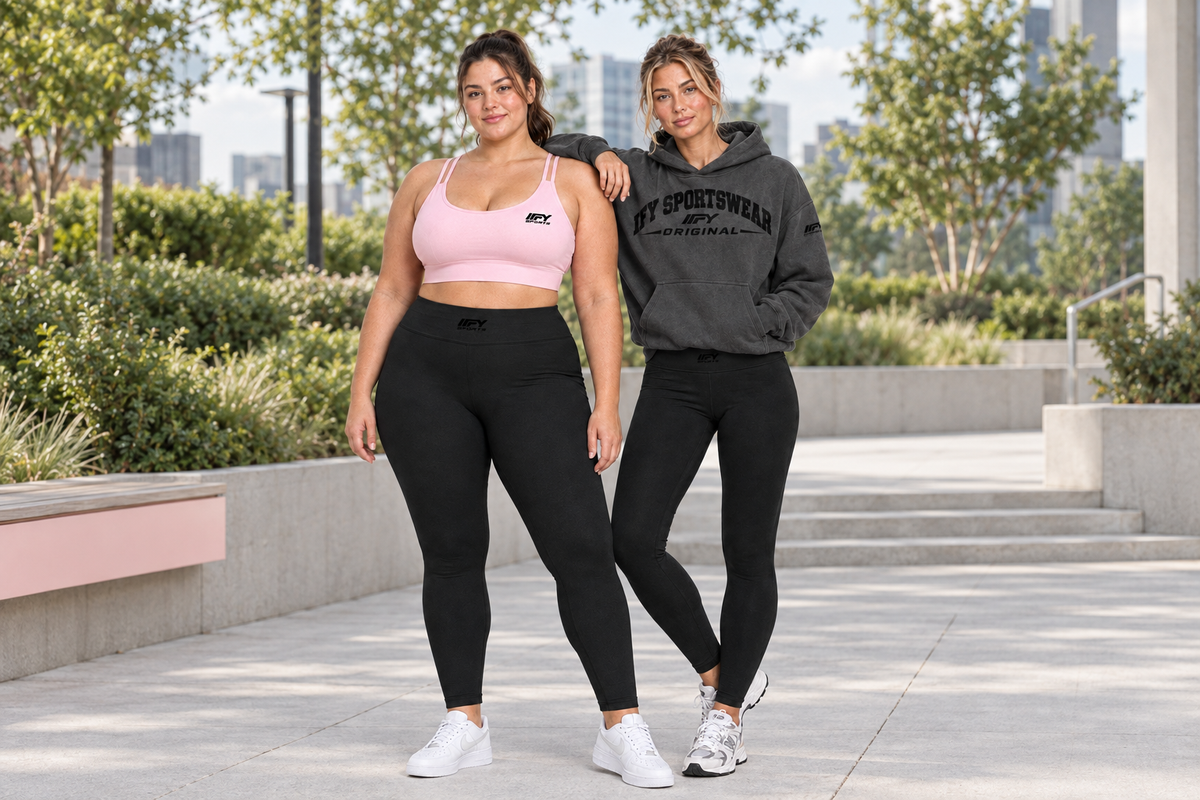 IFY Sports training-to-streetwear banner featuring the pink activewear and charcoal hoodie outfits outdoors