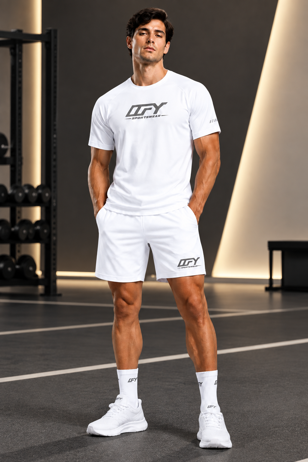 IFY T-shirt look on a sporty studio background