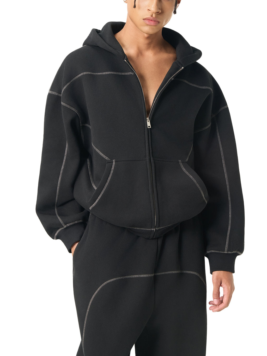Contrast-Stitched Zip Hoodie - Boxy Fleece Gym Hoodie | BRACE