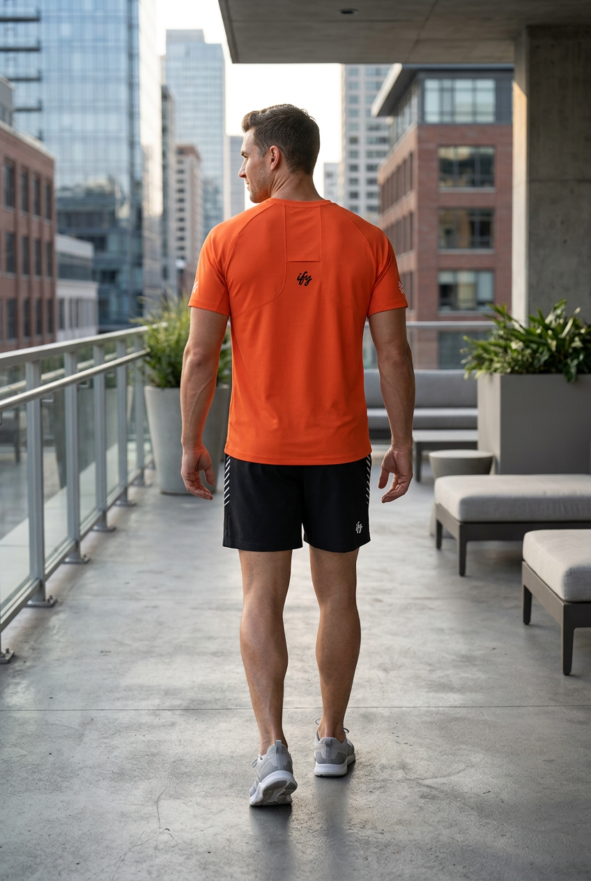 Back view of a male model wearing IFY black side-stripe training shorts with an orange IFY T-shirt.