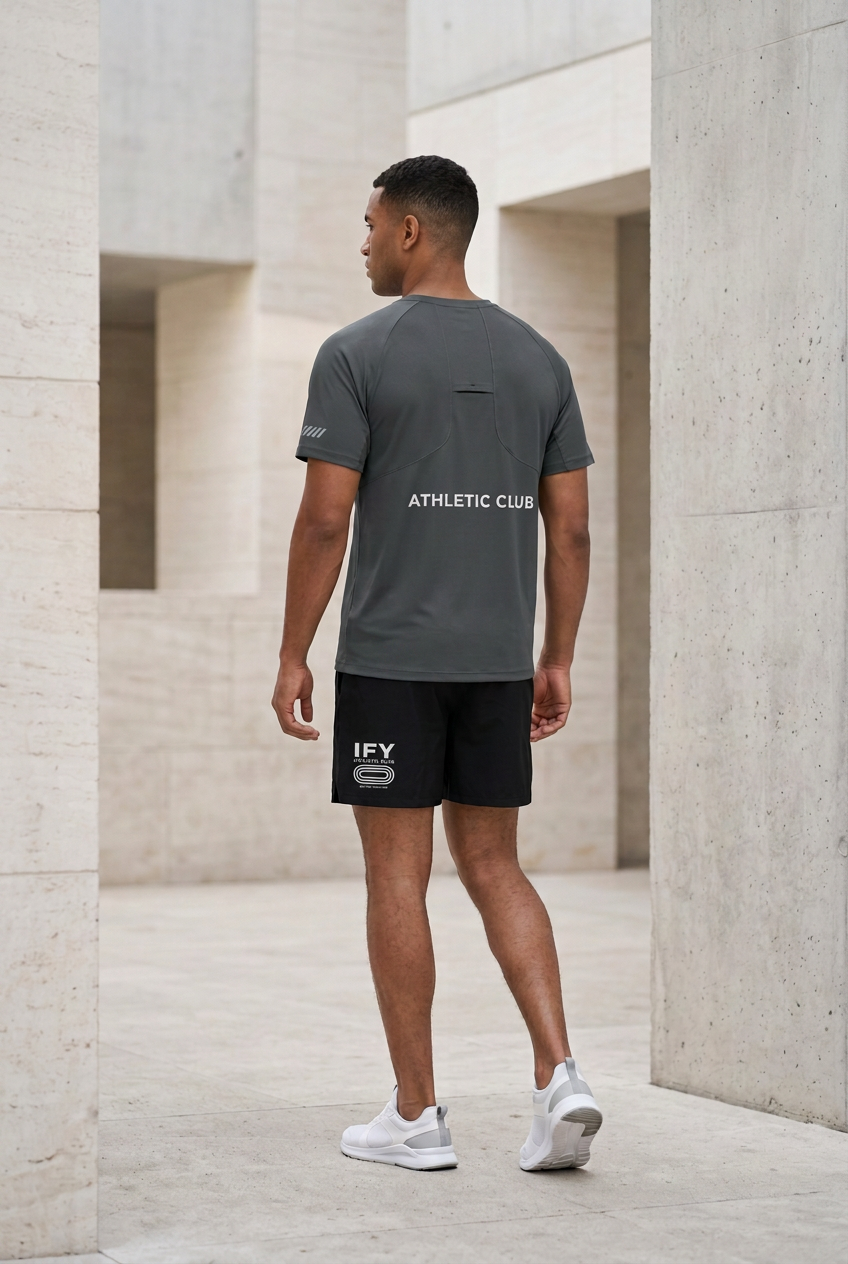 Rear view of male model wearing dark grey IFY Athletic Club performance T-shirt and black shorts with matching white IFY logo.