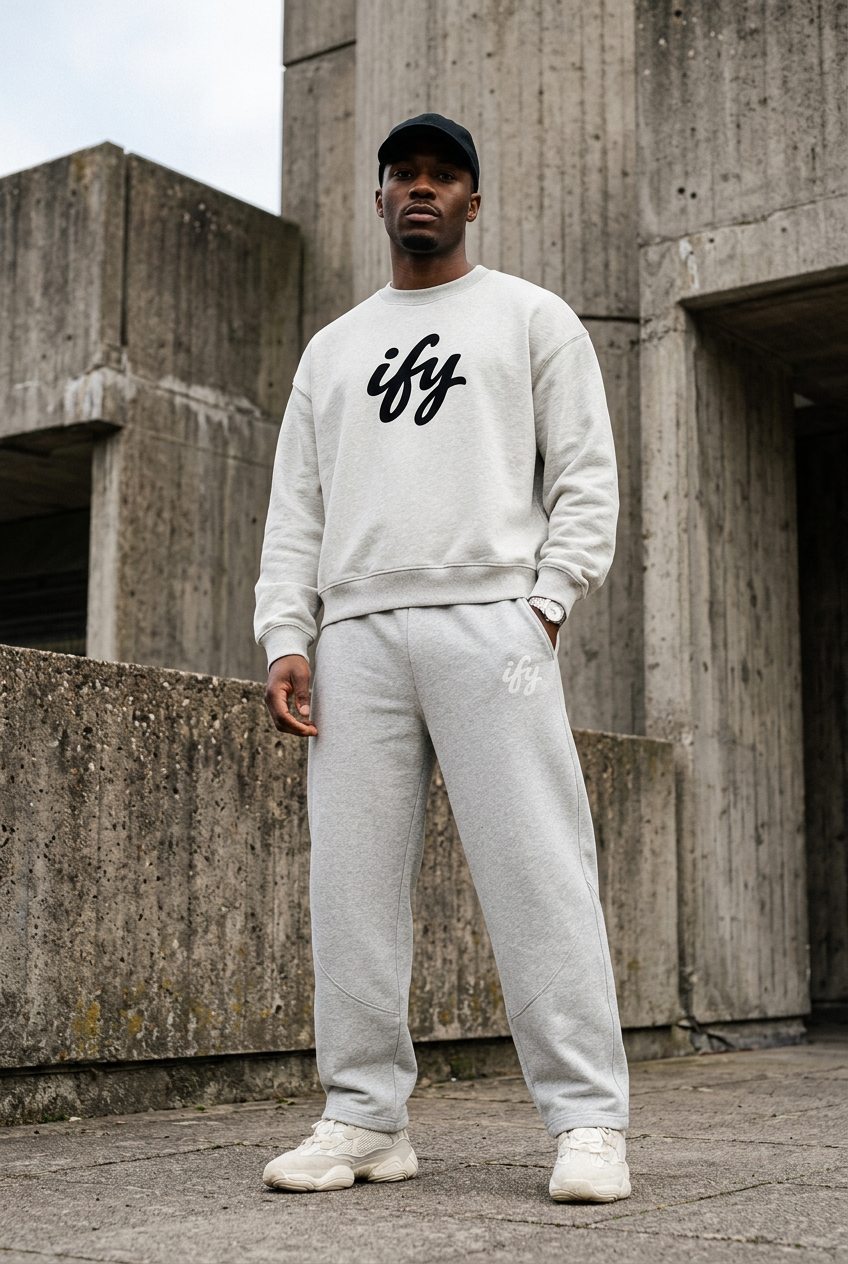Light grey outfit, male front view