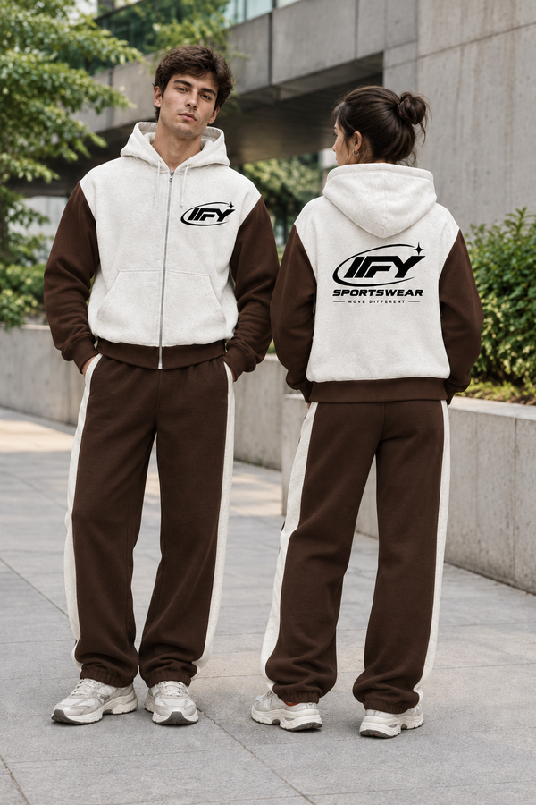 Male and female models in coordinated white-and-brown IFY sweatsuits