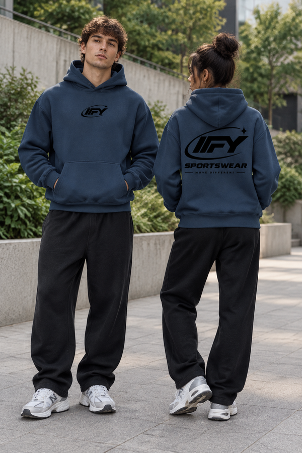 Male and female models wearing navy IFY hoodies in a streetwear setting