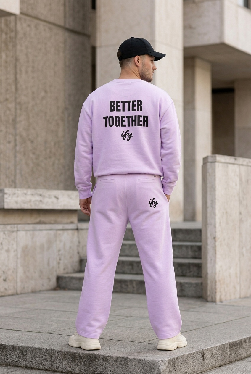 Male back-view model with elevated streetwear styling