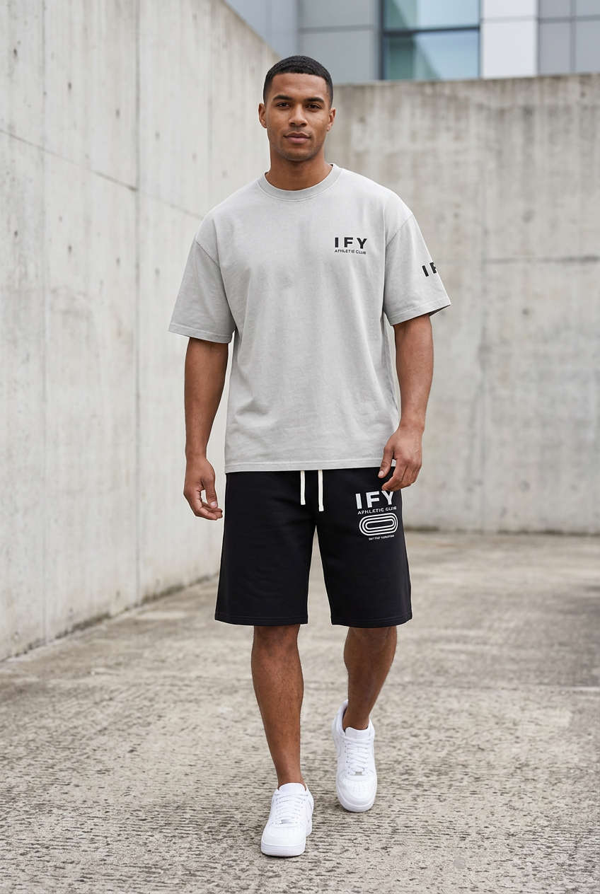 Male model in light-grey IFY tee and black shorts, front
