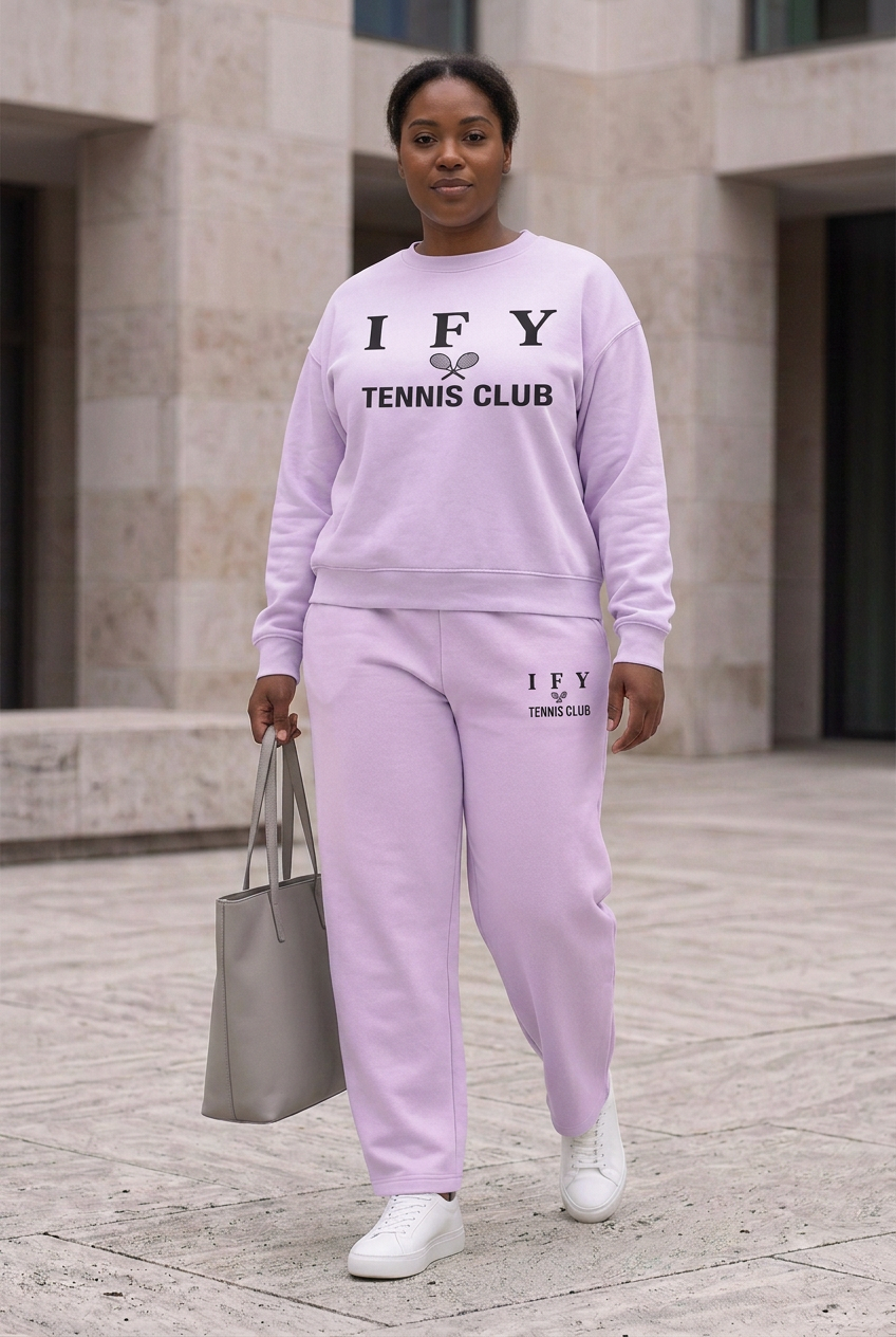 Purple Tennis Club sweatshirt and sweatpants on the same model