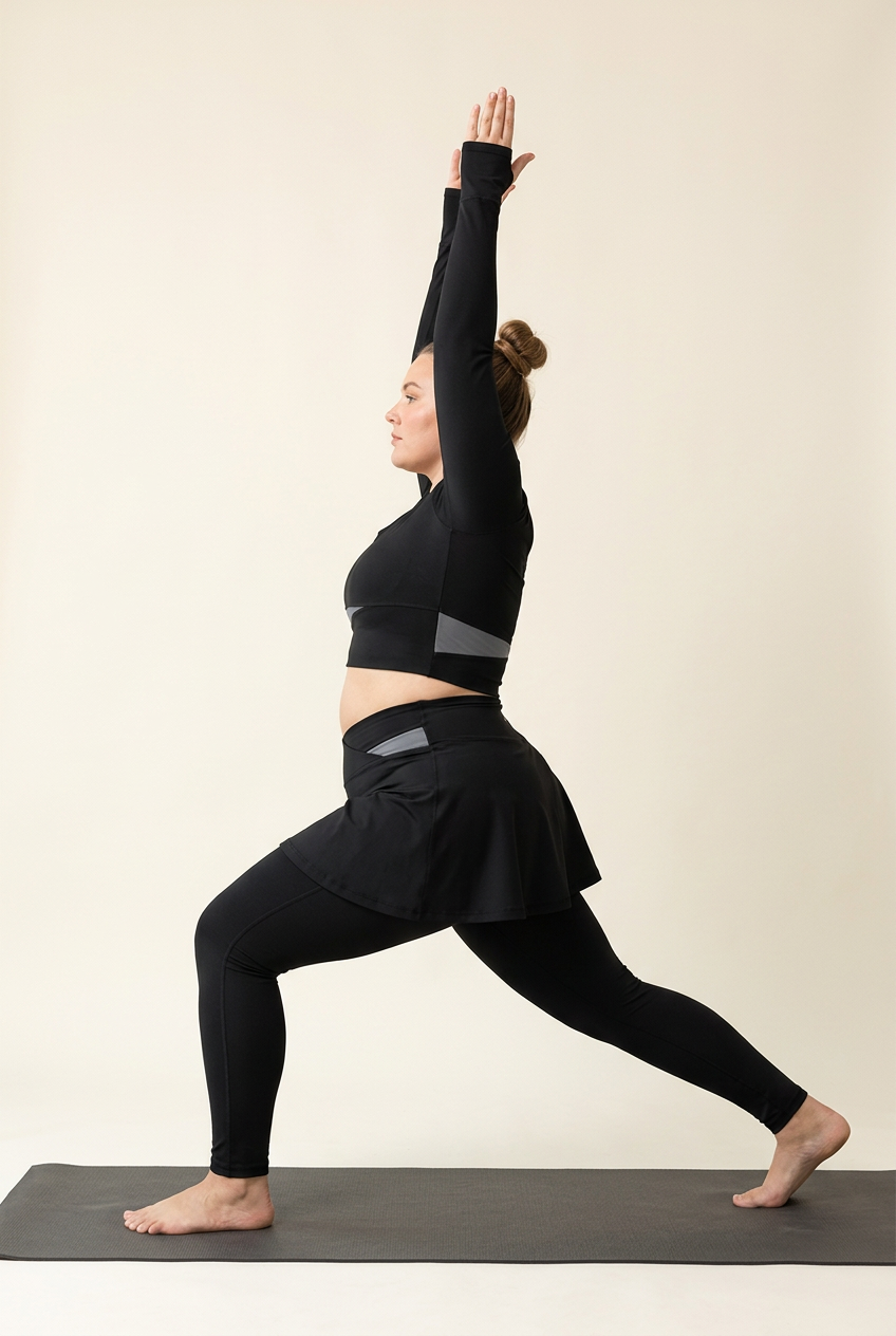 Strict side-view yoga pose in the black-and-grey Movement Club outfit