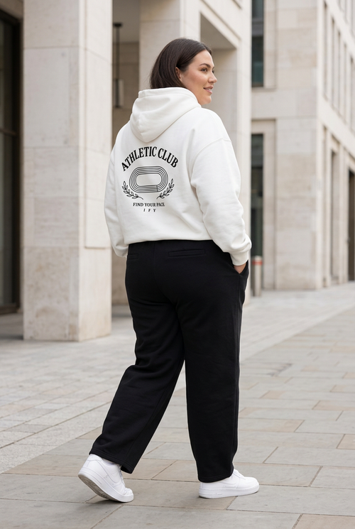 White Athletic Club hoodie and black trousers, back streetwear preview
