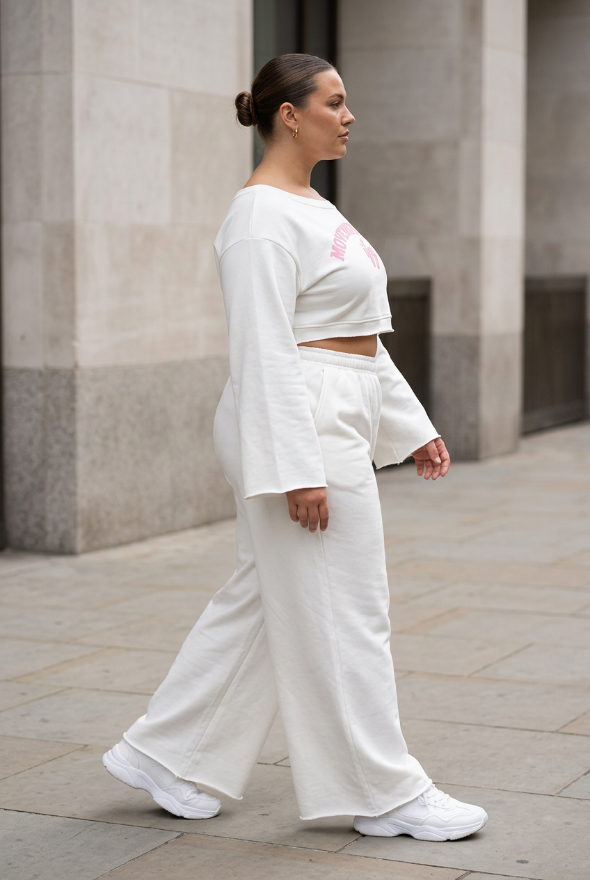 White outfit, side view in an outdoor streetwear pose