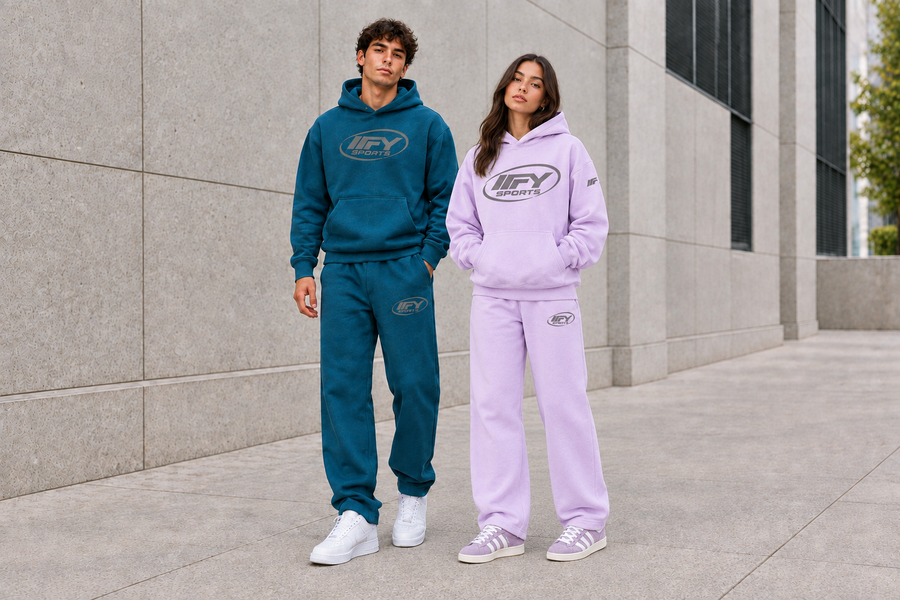 Wide hero with male model in blue and female model facing front in the lavender set